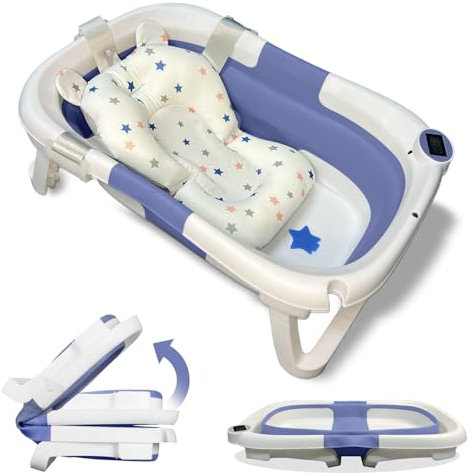 BAÑERA PLEGABLE BEBÉ 5 EN 1 Termómetro + Cojín Protector + Patas Antideslizantes + Tapón de Seguridad | Bebé Recién Nacido | Diseño Plegable en 2 | Fácil de Guardar y Transportar (Azul)