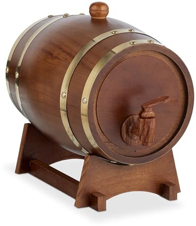 Relaxdays 2 Botte da 2,2 Litri per Liquori, Mini Barile in Legno, Rubinetto e Supporto, per Whisky, Vino, Marrone Scuro
