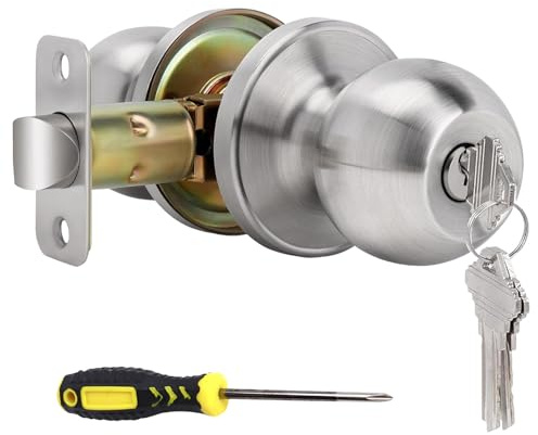 huifllyhui Door Knob with Lock and Key, Exterior/Interior Door knob for Bedroom or Bathroom,Satin Nickel Door Handle Lock (1, Silvery)