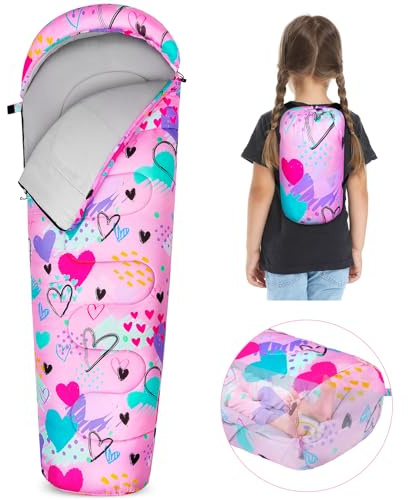 FIOBEE Kids Sleeping Bag for Girls Boys 3 Season Warm & Cool Weather 41-60.8℉ Camping Sleeping Bags with Backpacking Bag for Traveling Hiking Indoor Outdoor Camping Essentials Gear, Pink Love