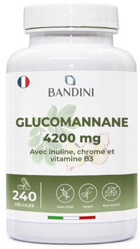 Bandini® Glucomannan aus der Konjak Wurzel - 4200 mg pro Tagesdosis - 240 Kapseln - Optimiert mit Bakterienkulturen, Chrom, Vitamin B3 und Inulin - Hochdosiertes Supplement - Vegan