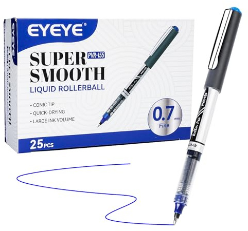 EYEYE Blue Rollerball Pens 0.7mm, 25 Pack Medium Point Quick Dry, Blue Ink Pens Fine Point Smooth Writing Pens for Journaling, Note Taking, School, Office Supplies