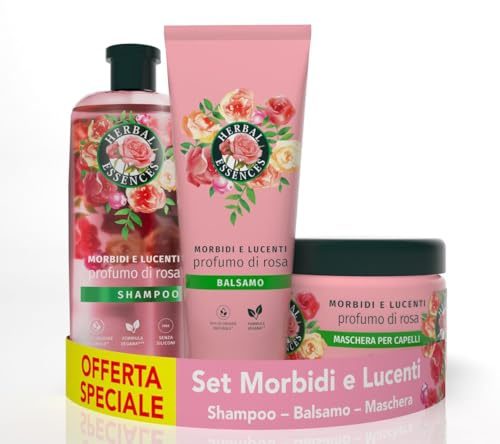Herbal Essences Morbidi e Lucenti con Essenza di Rosa Set Per Capelli Secchi: 1x Shampoo 250ml +1x Balsamo 200ml+1x Maschera 300ml, Dona Capelli Soffici Senza Siliconi, Vegano