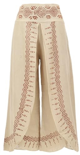 GURU SHOP Palazzohose, Hosenrock, Bedruckte Natürliche Boho Schlaghose, Sommerhose - Hellbeige, Damen, Size:S