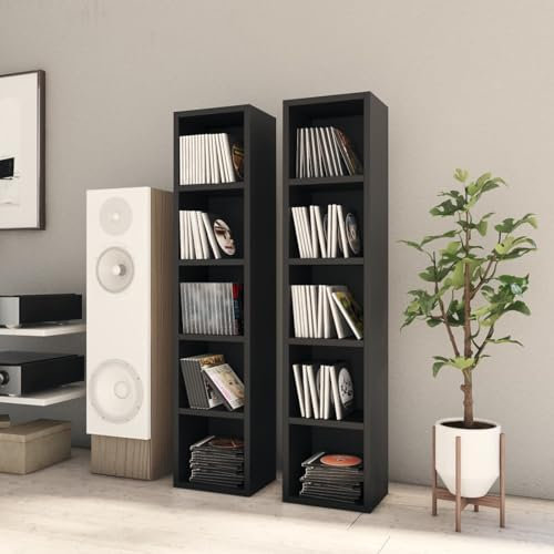 Tidyard CD-skåp, 2 st svart, 21 x 16 x 93,5 cm spånskiva, CD-torn med 5 fack, DVD-förvaringsskåp, CD-hylla för vardagsrum, sovrum, kontor