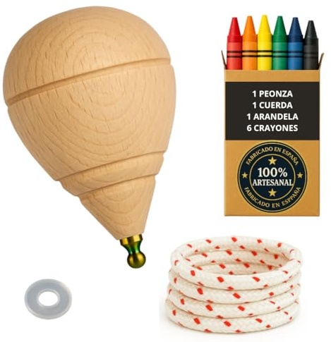 Peonza Madera para Niños, Pack 1 Trompo + 6 Ceras + 1 Arandela | Con Punta Redonda, hecho a mano en España.