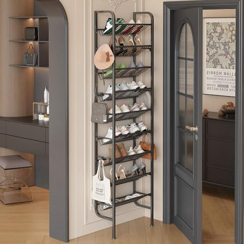Ornestia 9-Tier Wall Mounted Shoe Rack with Hooks, Tall Metal Shoe Storage Organizer for Over Door & Hallway, Black-45.5x20x176cm