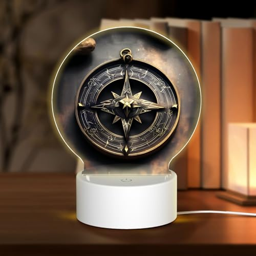 PHAYAH Diseño mágico nórdico con patrón de brújula, luz nocturna, base LED redonda con cable USB ajustable, 3 colores para adultos, habitación infantil y dormitorio