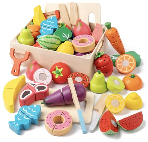 KDSFT Wooden Play Food for Toddlers - 34Pcs Velcro Fruit and Veggies with Basket & Chopping Board, Play Food Sets for Kids Kitchen Accessories, Cutting Fruit Set for Ages 3+