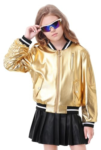 LOLANTA Girls Metallic Bomber Jacket, Sparkly Shiny Cropped Coat with Pockets, Lightweight Party Dance Jakcet for Kids 4-12 Years
