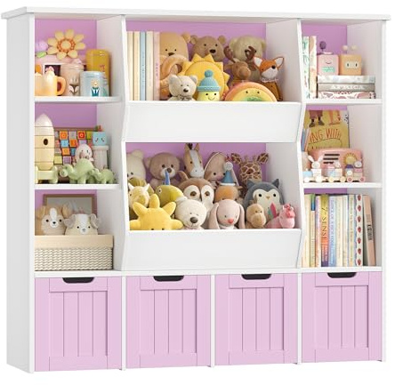 FOREHILL Barnhylla med lådor på hjul, barnbokhylla, barnrum, möbler, leksaker, förvaringshylla för puper och leksaker, bokhylla för barn, barnskåp, hylla, lila 124,5 x 35 x 118 cm