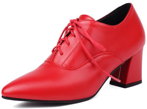 Eestfy Décolleté Oxford da Donna Punta a Punta Tacco Largo con Lacci in Pelle Suola Resistente Design Classico per Lavoro Ufficio Riunioni e Occasioni Speciali,Rosso,37 EU