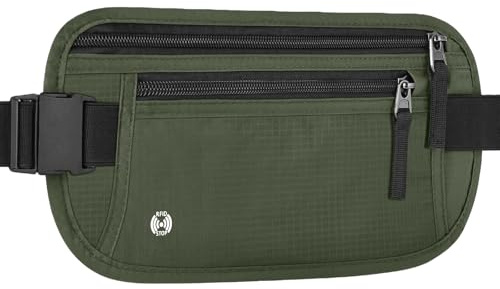Aucuu Cinturones de Dinero Ocultos, RFID Riñonera de Seguridad Antirrobo, Riñonera Viaje con Bloqueo, Riñonera Deportiva, Cinturón Ajustable, para Pasaportes Tarjetas Efectivo-Verde Militar