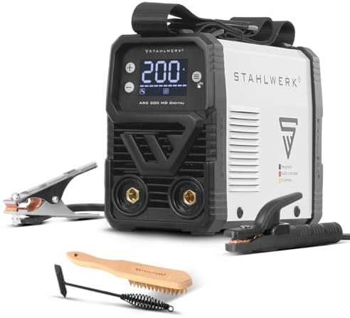 STAHLWERK Soldadora de electrodos 200 MD – Equipo completo con carro – Máquina de soldar MMA/Electrodo 200 A, uso flexible sin gas, compacta y ligera, refrigeración inteligente, función Anti-Stick