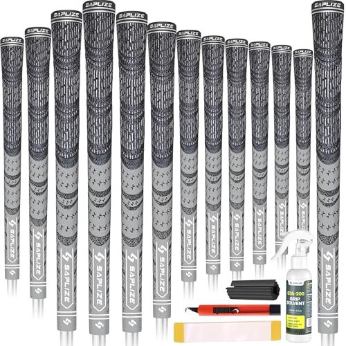 SAPLIZE Puños de golf de 13 piezas con kit de regripping completo, mediano, caucho de cordón, puños de club de golf híbridos, gris