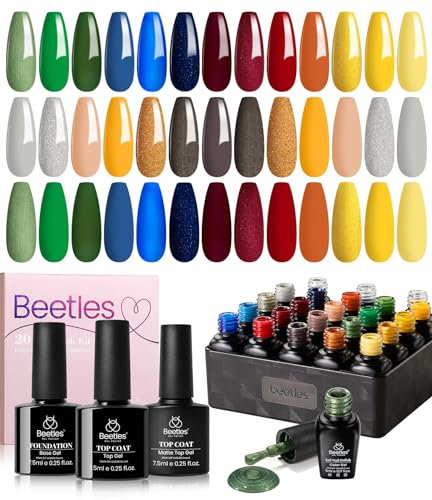 Beetles 20 Pcs Gel Nail Polish Kits-Magic Academy Collection Orange Yellow Glitter Red Dark Green Blue Gel Nail Polish Set Soak Off LED Nail Lamp Base Top Coat Nail Gifts for Women