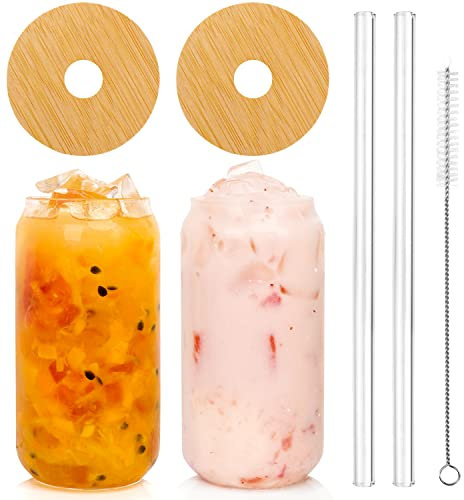 ANOTION Beer Can Glass with Lids and Straw, Bamboo Cover 20 oz Reusable Drinking Glasses, Tumbler for Travel Office Home Ice Tea Coffee Margaritas Soft Drinks Juice Cocktail, Set of 2, Transparent