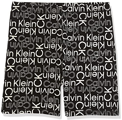 Calvin Klein Girls' Performance Bike Shorts, Soft & Stretchy with Flat Waistband & Snug Fit, Black Logo Toss, 12-14