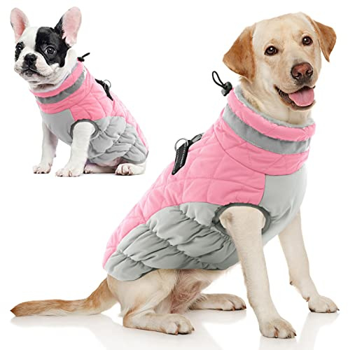 AOFITEE Dog Coat, Warm Dog Winter Coat for Small Dogs, Reflective Turtleneck Dogs Jacket with Harness Built in, Waterproof Windproof Pet Fleece Vest Snow Jacket for Cold Weather, Pink S