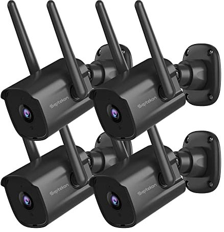 Septekon Confezione da 4 telecamere di sicurezza 2K per la casa, telecamera di sicurezza WiFi con cavo da 2,4 G per esterni con visione notturna, audio bidirezionale, IP66, allarme di rilevamento