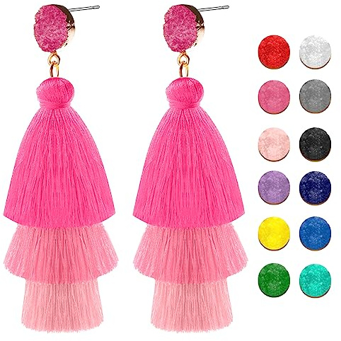 Boho Quasten Ohrringe,Quasten Anhänger Bunt,Ohrringe Vintage,Bohemian Quastenohrringe Damen - Rose Farbverlauf