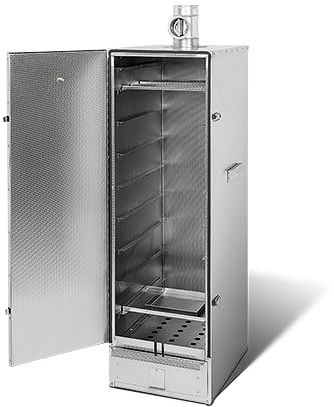 SMOKI JUMBO - Forno per affumicatura originale, a doppia parete, isolato, 125 x 39 x 53 cm, in acciaio INOX goffrato, con estrattore di fumo, per 16 griglie piatte o cestini per pesci