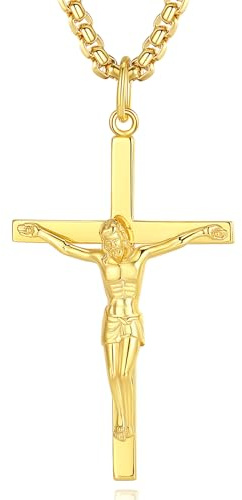 FANCIME Jesus Kruzifix Kreuz Kette 925 Sterling Silber Gold Vergoldet Kreuz Anhänger Edelstahl Kette für Herren Jungs Kinder - Kettenlänge: 60 cm