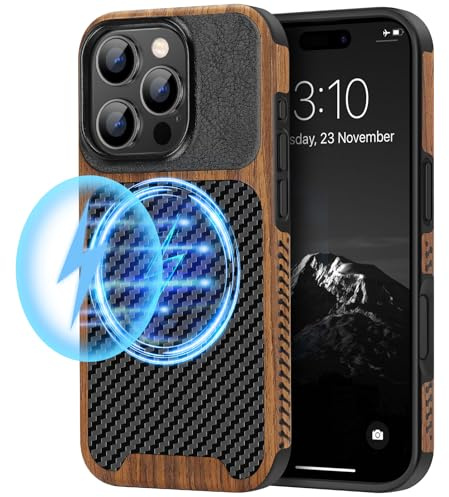 TENDLIN Magnetische Schutzhülle Kompatibel mit iPhone 16 Pro Hülle Holz und Carbon Textur Design Leder Hybrid Handyhülle (kompatibel mit MagSafe) Schwarz