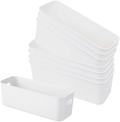 8pcs White Plastic Stackable Storage Boxes with Handles, Small Narrow Rectangular Receive Basket for Cupboard,Shelves,Tubs, Drawers Organiser for Kitchen, Home, Office, Bathroom, Open Type Slim Boxes
