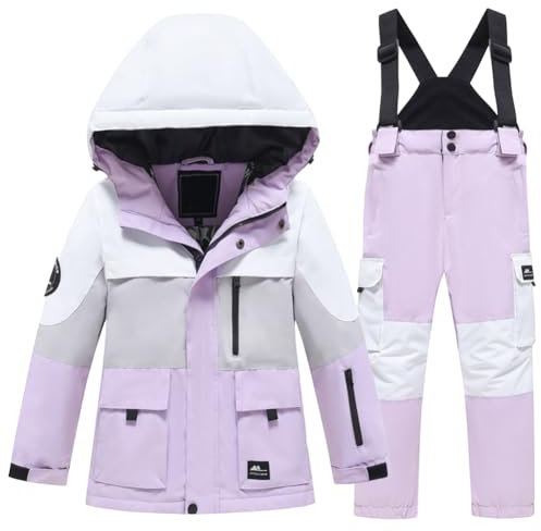 Amur Leopard Kinder Skianzug 2tlg Skijacke mit Kapuze + Skihose Winddicht Wasserdicht Schneeanzug Jungen Atmungsaktiv Skianzüge Mädchen, Lila, 152-158 (Etikettengröße: 160)