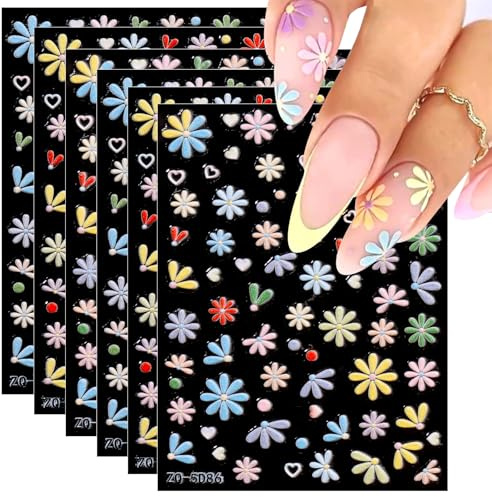 JMEOWIO 3D Flores Pegatinas 6 Hojas Para Uñas Autoadesiva 5D Nail Art Stickers Decoración