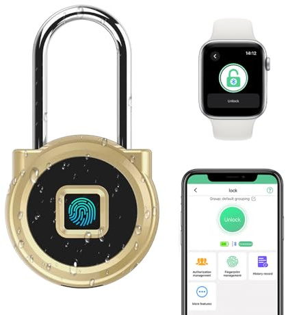 Langes Vorhängeschloss eLinkSmart Langer Bügel 45mm mit Fingerabdruck Telefon App Wetterfest Zahlenschloss kein Schlüssel Schloss für Schrank Schließfach Aussenbereich Zelt Keller Outdoor Gold