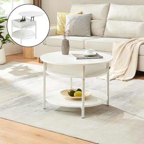 [en.casa] Mesa de Centro Kandas Mesa Baja Redonda con Tablero Elevable con Compartimento Interno y Estante Mueble Auxiliar Mesita para Salón 70 x 49 cm - Blanco