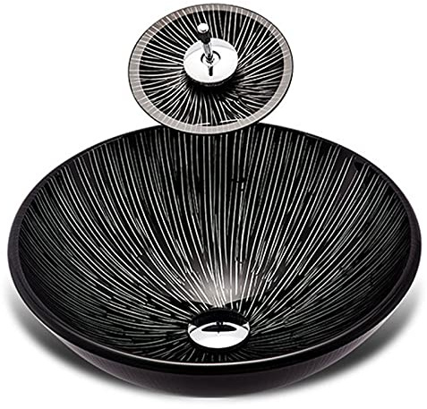 Lavabo artístico para baño, Moderno Lavabo de Vidrio Templado, Lavabo de tocador para baño con instalación sobre encimera y desagüe emergente, C