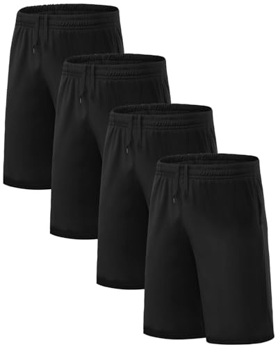 Orrfreer 4 Pack Boys Shorts Kids Sport Summer Football Lightweight School PE Shorts with Internal Drawstring Elastic Waist 4 Black XXL