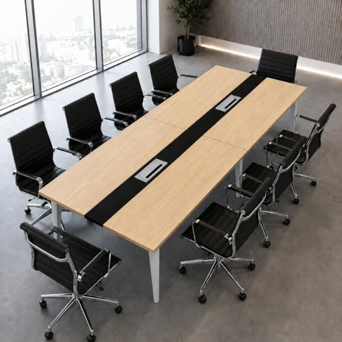 Table de Conférence 8 ft 240 x 120 x 74 cm, Table de Réunion 6-10 Personnes avec Passe-Câbles, Bureau Long Rectangulaire, Cadre Métallique pour Formation, Open Space Natural Wood + Black 240x120x74cm