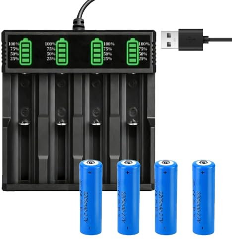 Dhqkqg Batteria ricaricabile da 3,7 V con caricatore, 4 pezzi da 2200 mAh, ricaricabile NIMH con 4 pollici LCD, ricarica rapida USB, per torcia, torcia, torce frontale, fotocamera, piccolo ventilatore