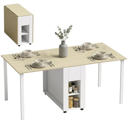 HOMCOM Table à Manger Pliante pour 6 Personnes 39-168 cm 2 Tiroirs Blanc