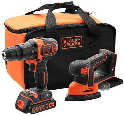 BLACK+DECKER BCK23S1S-QW Hammer Drill 18 V and Detail Sander Mouse 18 V with 1 Battery 1.5 Ah, Charger and Carry Bag