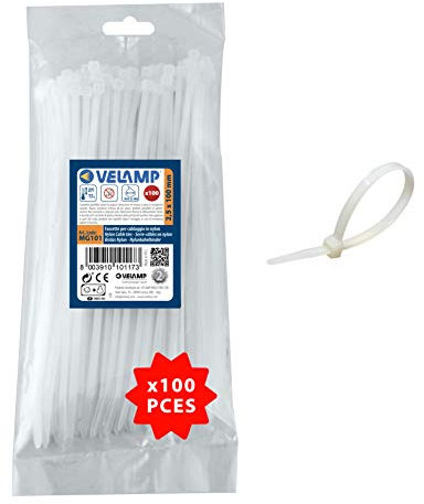 Velamp MG101 100x Attache, Colliers de Serrage en Nylon 6.6, Serre Cables, 100 mm x 2,5 mm, Résistants aux UV et à la Chaleur, Blanc
