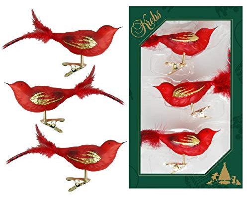 Krebs Glas Lauscha - Weihnachtsdekoration/Christbaumschmuck aus Glas - Vögel auf Clip - Farbe: rot transparent - 3 Stück - Größe: ca. 11 cm