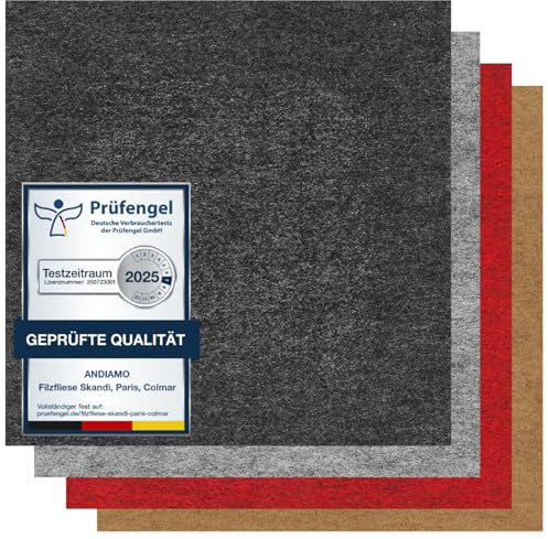 andiamo Teppichfliesen selbstklebend – 25 Stück, 40x40 cm Filz Bodenbelag für Wohnräume, DIY, leicht verlegbar & für Fußbodenheizung – Standard 4 m², Anthrazit