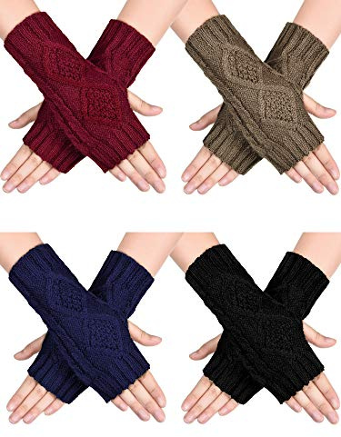 SATINIOR 4 Pairs Fingerless Gloves for Women Men Thumb Hole Cozy Half Fingerless Mitten Knit Typing Driving Gloves Wrist Warmers (Black,Navy Blue,Khaki,Wine Red)