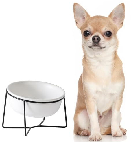 Ceramic Cat Bowl - Elevated Cat Dog Bowl with Metal Stand for Water and Food - Tilted and Raised Pet Dish for Cats and Small Size Dogs - Microwave and Dishwasher Safe 5.9 in