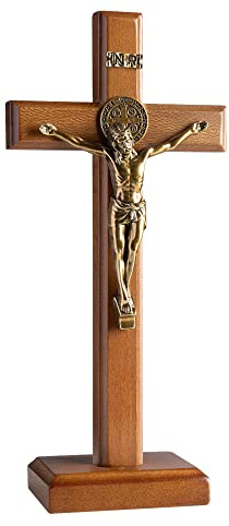 KUXBET Crucifix Cross Catholic 10.7 Inch Wooden Jesus Christ Wall Cross Stand, Hanging or Tabletop with Stand for Home Decor (10.7 L x 5.0 W)
