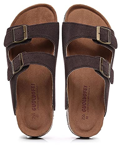 Morbuy Femmes Sandales a Bout Ouvert Mules Cuir Suédé Chaussure en Liège Confort Plates Non-Slip Ete Réglable Boucle Pantoufles Chic Élégante Chaussure de Plage