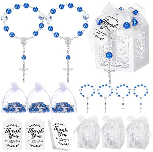 Set med 100 st dopgåvor innehåller 25 st mini radband, 25 st dop, favoritlådor, 25 st vita organza-påsar, 25 st kraft, tacketiketter för dop, nattvardsgång, babyshower, festdekorationer (blå)