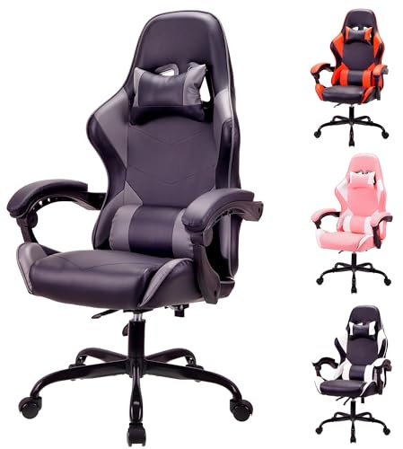 T-THREE.Ergonomischer Leder Gaming Stuhl Bürostuhl Drehstuhl Computerstuhl Rennstuhl Lederstuhl höhenverstellbar, mit Kopfstütze und Lendenwirbelstütze（Gray）