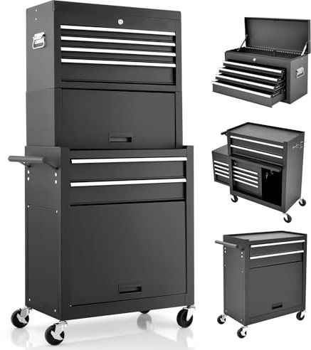 GiantexUK Tool Cabinet, 2 in 1 Lockable Metal Tool Chest with Removable Top Cabinet, Wheels, 5/6 Drawers, Pegboard & Hooks, Heavy-duty Rolling Tool Box Trolley (with Middle Toolbox, Black)