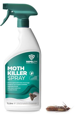 REPELEM 1L Moth Killer Spray - Fast Acting Moth Repellent & Insect Killer, Kills Moths at all Life Stages, Professional Strength Permethrin Spray, Large Clothes & Carpet Moth Treatment